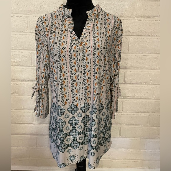 Lildy Tan, Blue, Orange Patterned Split Sleeve Tunic, collared v neck, sz L - XL - Picture 1 of 5
